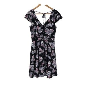 Hot Topic Black Floral Skull Dress Short Sleeve‎ Tie Back Size S Whimsigoth Punk